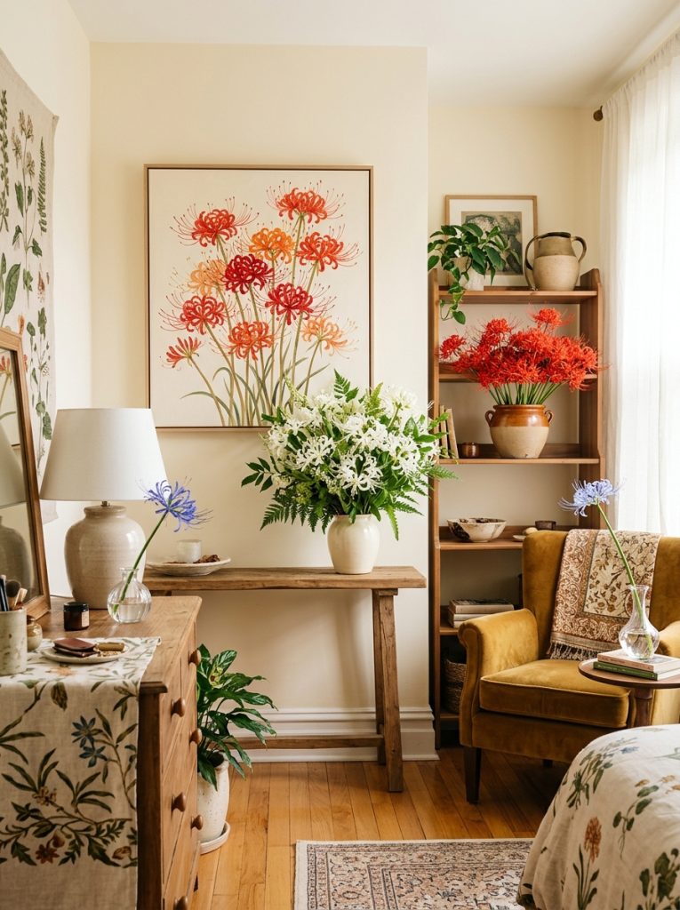 Complete spider lilies room with painting wall red arrangement shelf white bouquet console and blue stem dresser styling.
