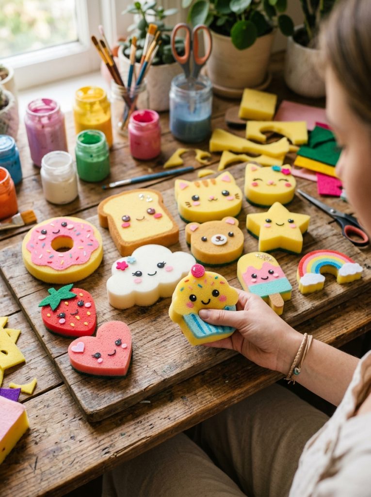  Creative sponge squishies DIY with kitchen sponges cut into shapes painted with kawaii designs creating surprisingly effective free squishies