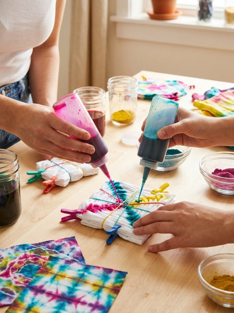 Squeeze bottle tie dye patterns with precise bottles applying vibrant colors onto folded bound fabric creating controlled beautiful results