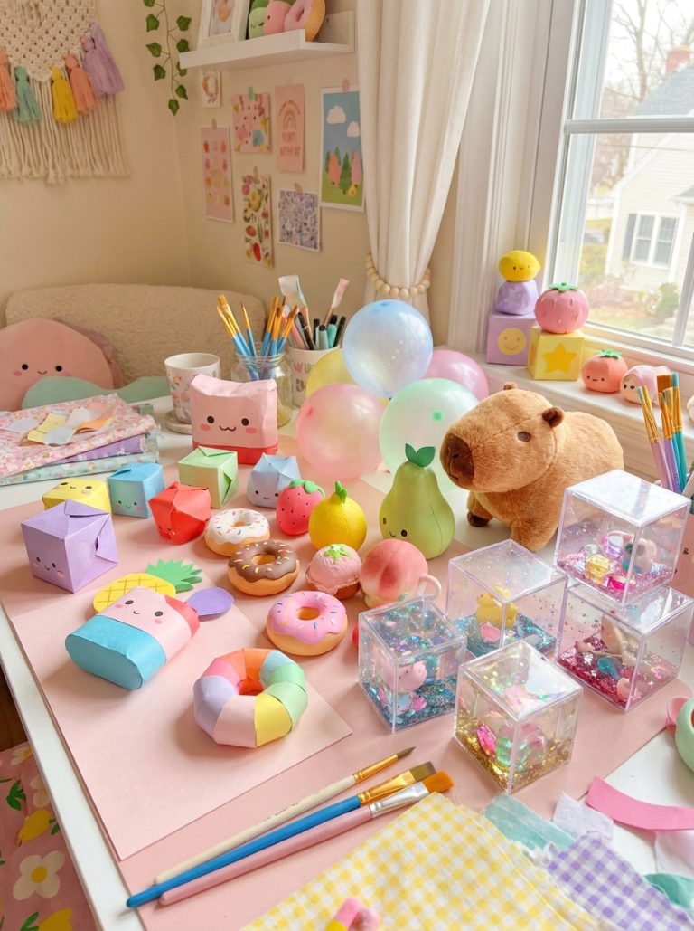 Beautiful squishies DIY display with paper squishies foam food squishies capybara balloon and taba cube on bright pastel craft table
