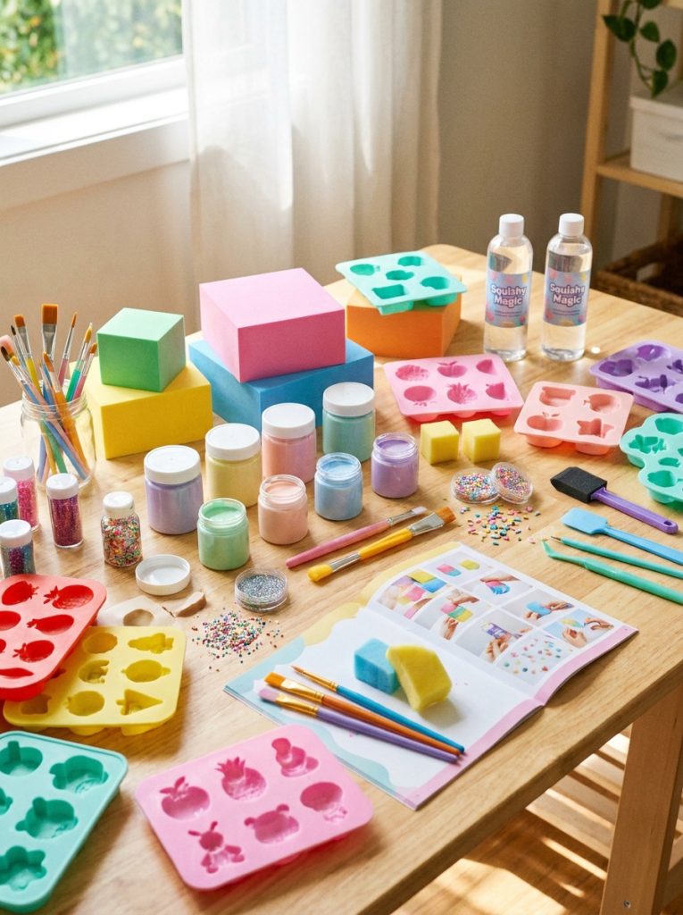 Complete squishy making kit with foam materials paint molds and all supplies laid out on bright craft table ready for making 