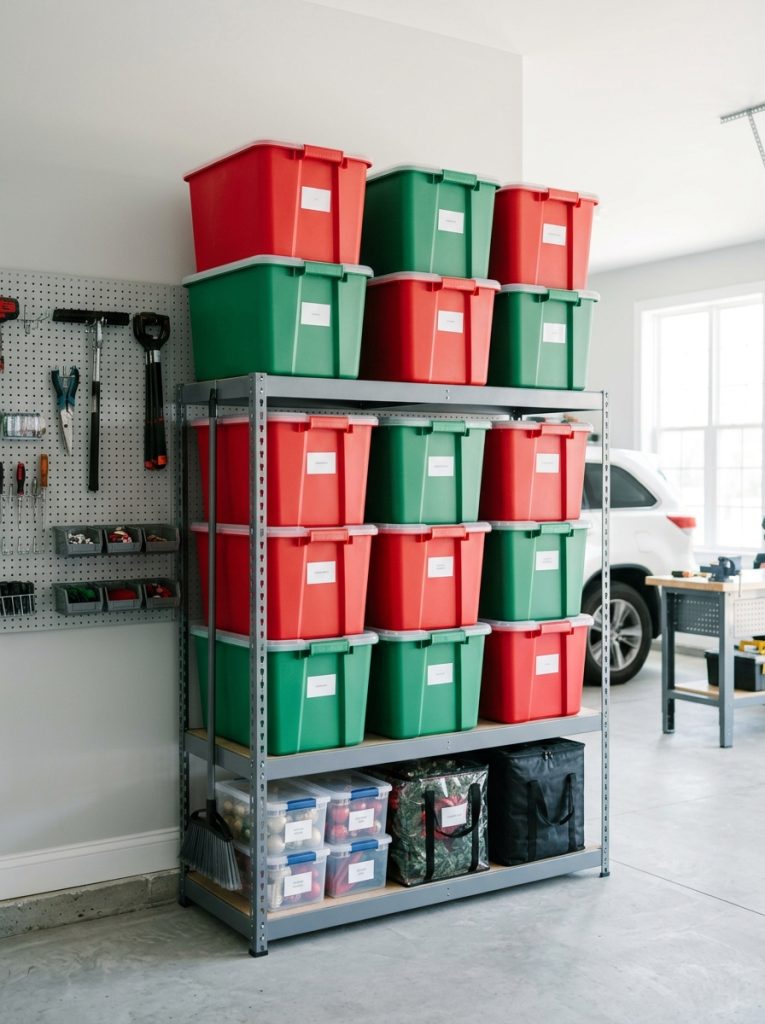 Large stackable holiday decor storage totes in red and green stacked neatly on garage shelving units
