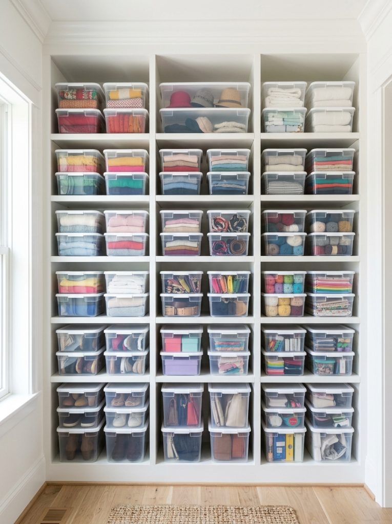 Stackable clear storage bins organized on bedroom closet shelves floor to ceiling