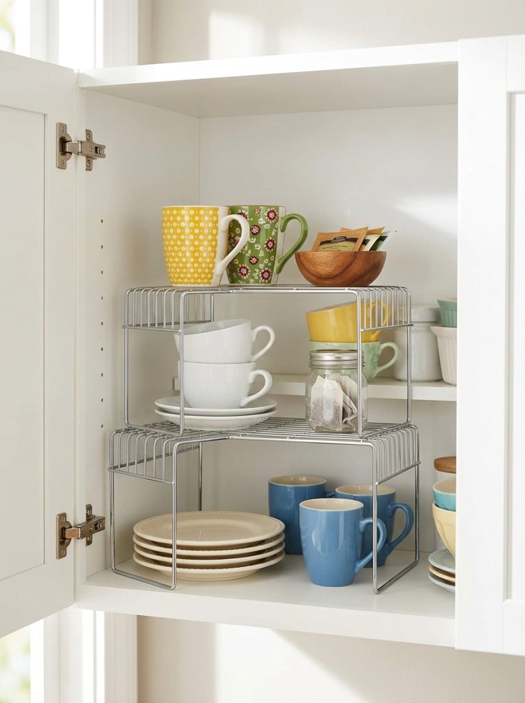  Stacked wire shelf risers inside upper kitchen corner cabinet with mugs and plates on tiers