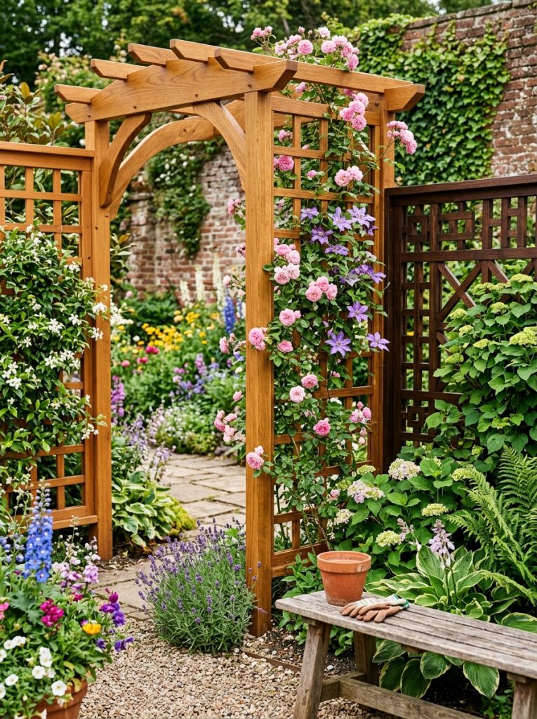 Beautifully stained wood trellis DIY with panels in warm cedar natural oak and deep walnut tones as professionally finished garden features 
