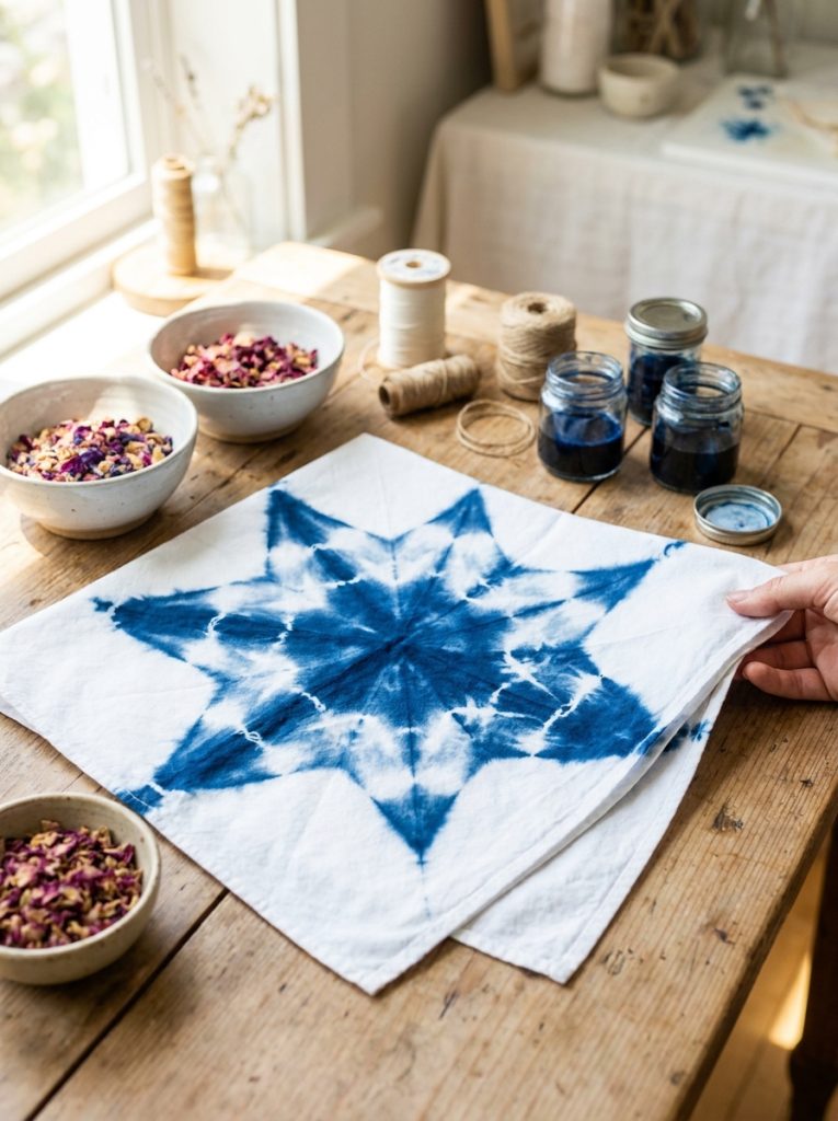 Beautiful star tie dye pattern tutorial result with stunning deep blue white star shape in center of fabric with surrounding color