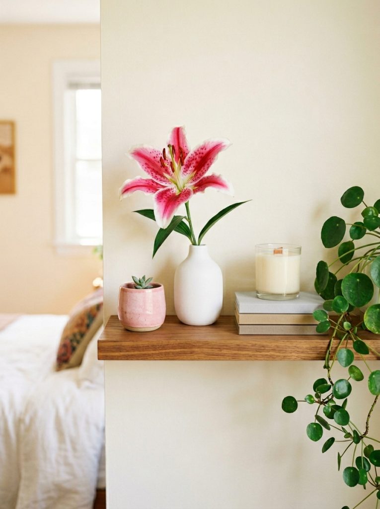  Beautiful stargazer lilies aesthetic shelf with lily stem white bud vase pink ceramic candle art books and trailing plant