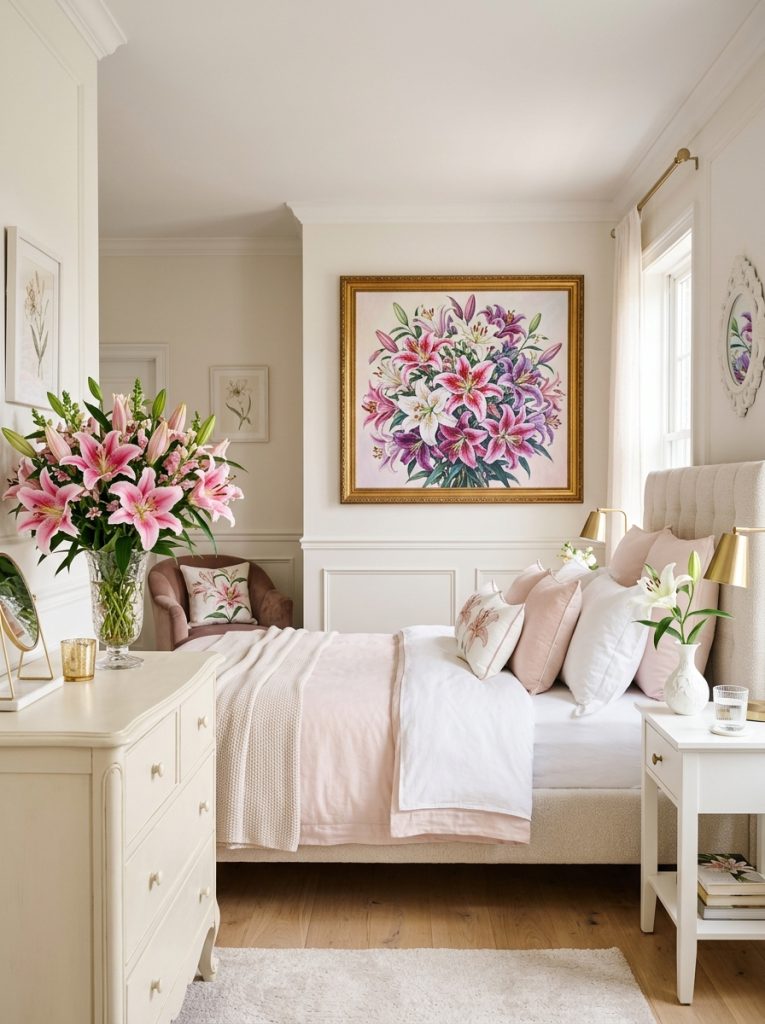Complete stargazer lilies bedroom with painting feature wall pink bouquet dresser white stem nightstand and blush white bedding