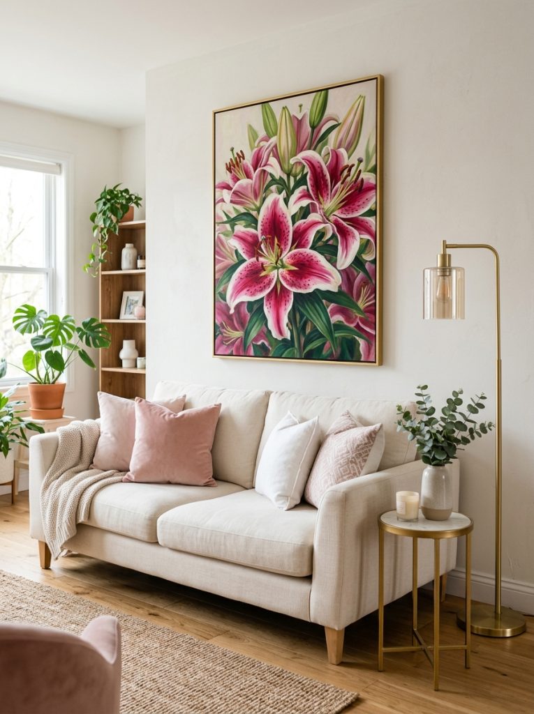  Beautiful living room with stargazer lilies painting above cream sofa blush white cushions and slim gold floor lamp