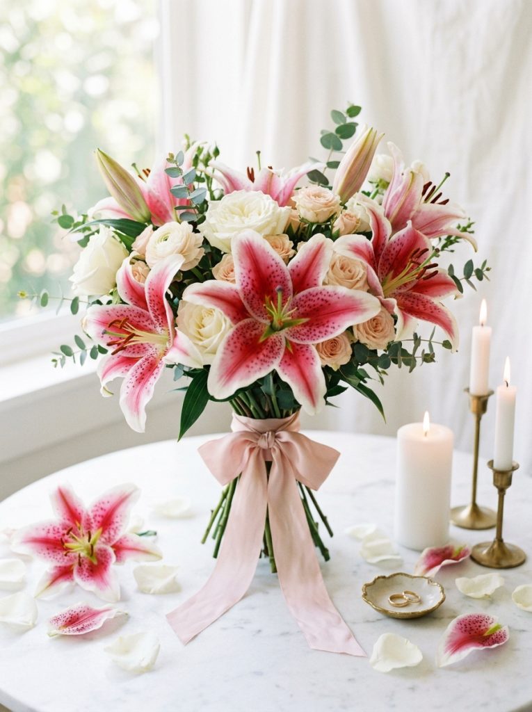 Beautiful stargazer lilies wedding bouquet white surface blush ribbon scattered petals white candles soft natural light