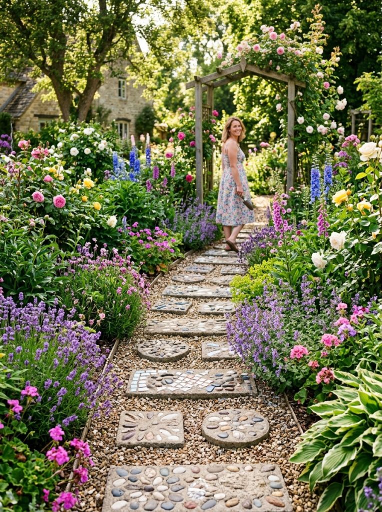 Beautiful complete walkway pathway of DIY stepping stones at walking stride through beautifully planted garden connecting garden areas