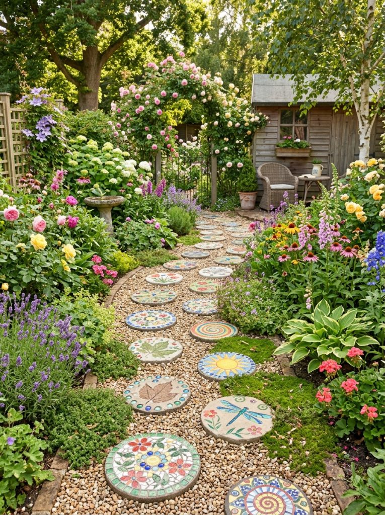 Beautifully designed stepping stone walkways DIY through garden with curved path through plantings connecting garden features