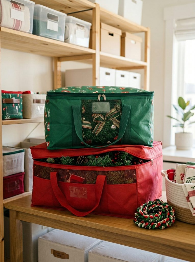 Large zippered holiday decor storage bags holding folded garlands wreaths and fabric decorations on shelf