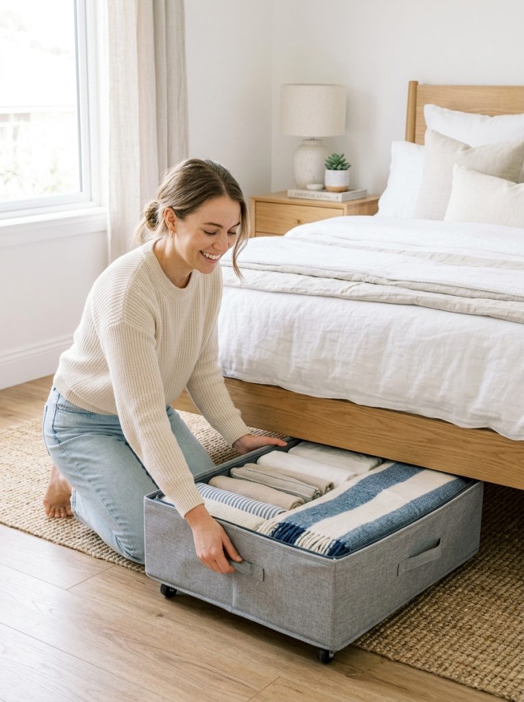 Flat rolling under bed storage box being pulled out from under bed in bright bedroom