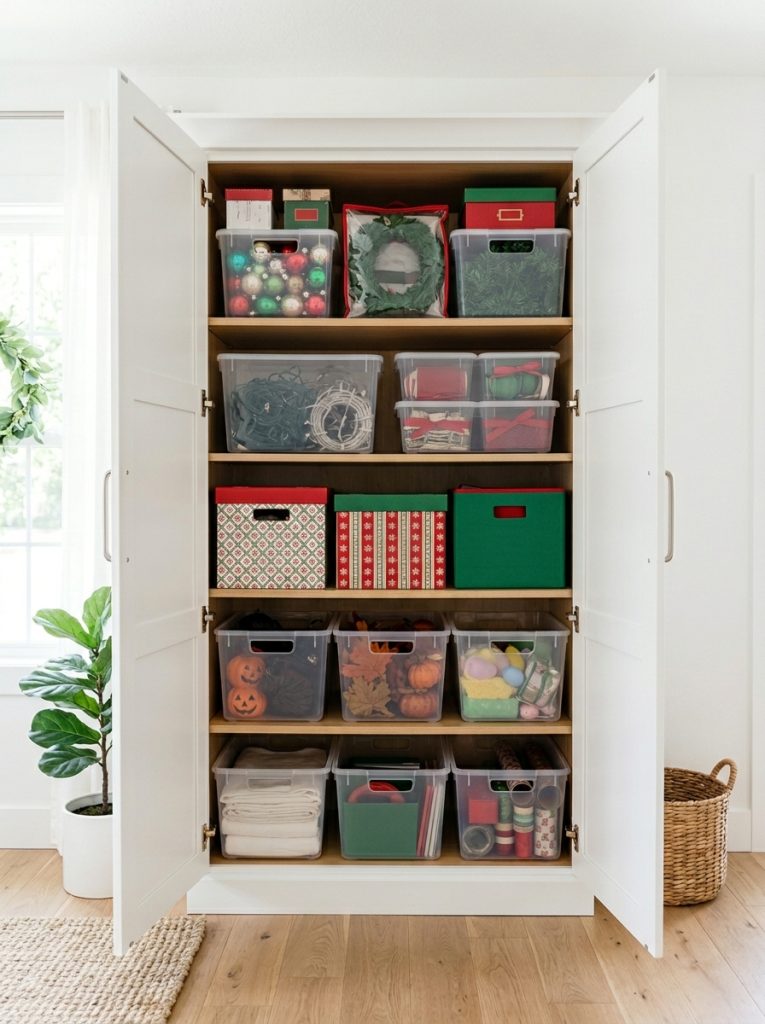  Storage cabinet with doors open showing neatly organized holiday decor bins and boxes on shelves inside