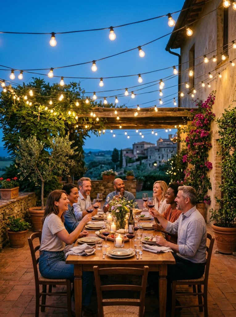 Warm string lights draped overhead across Italian style patio at dusk with dining table set below glowing ambiance