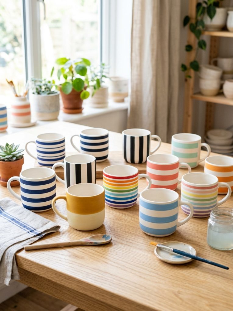 Beautiful striped mug painting with navy white black rainbow and two-tone stripe designs on ceramic mugs as geometric simple display