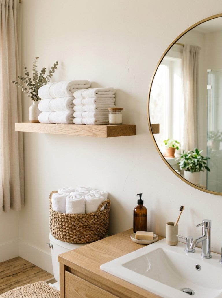 Beautifully styled bathroom with rolled towels in woven basket and folded towels on wooden wall shelf bright minimal
