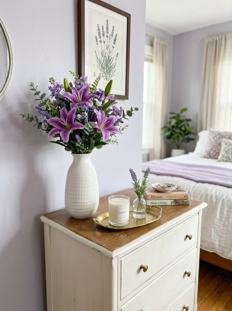  Beautiful bedroom dresser with purple lily bouquet tall white ceramic vase gold tray candle and lavender bud vase