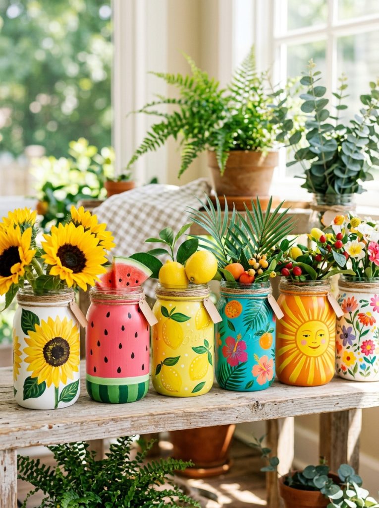  Bright cheerful summer mason jar painting ideas with sunflowers lemons watermelon tropical patterns and sunshine in vibrant colors