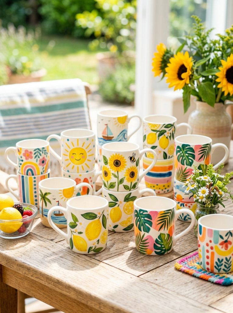Beautiful summer mug painting with sunshine sunflowers tropical leaves lemons beach ocean and bright colorful summer designs on ceramic