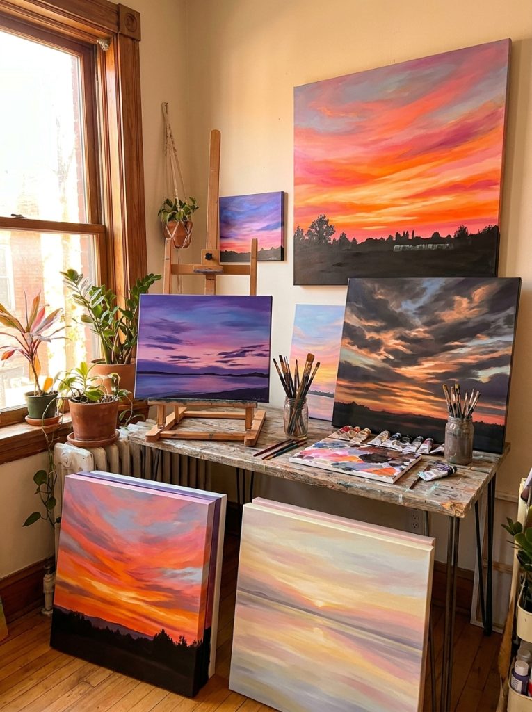  Beautiful sunset acrylic painting ideas with vibrant orange pink sunsets purple twilight stormy and soft pastel sunrise on canvas 