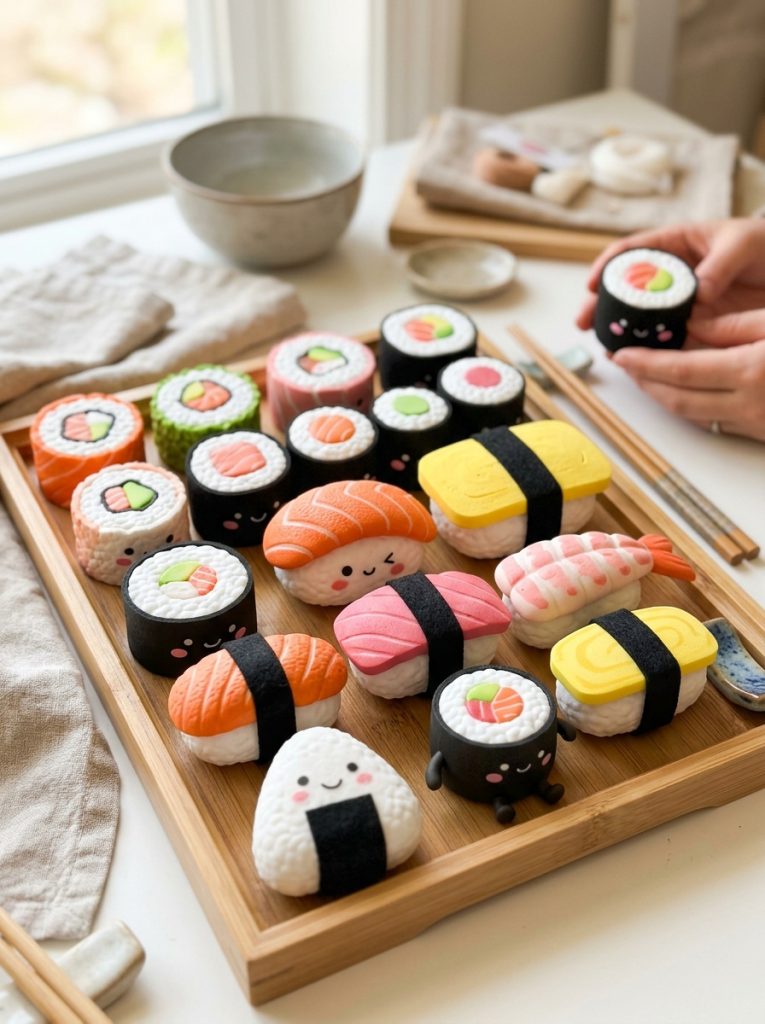  Adorable sushi squishies DIY with foam nigiri maki rolls and sushi characters in accurate colors with sweet kawaii expressions