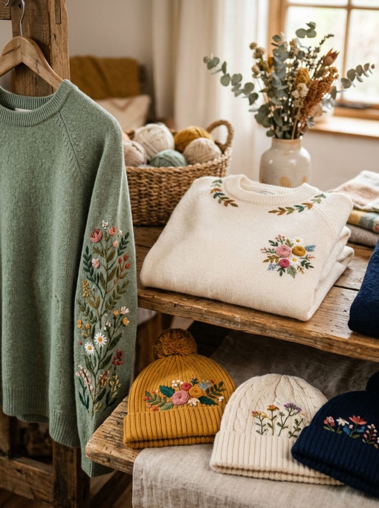 Beautiful sweater beanie embroidery with floral chest botanical sleeves collar designs and charming beanie tops as embroidered knitwear