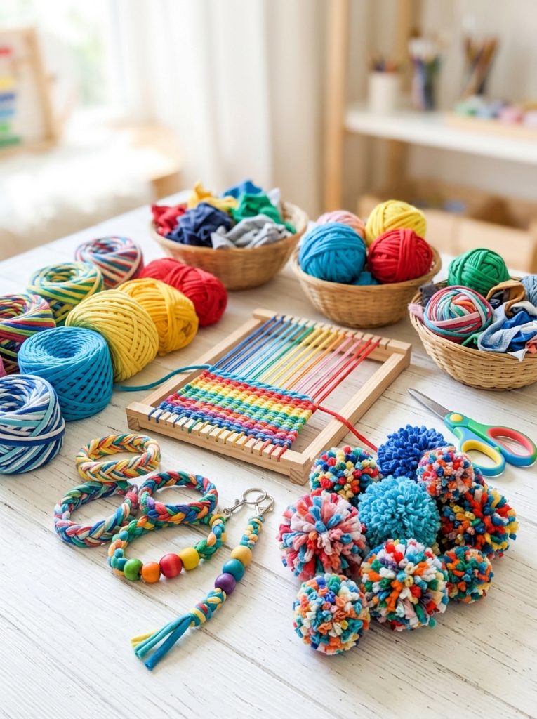 Fun t-shirt yarn craft projects with old shirts cut into strips used for braiding weaving and pom poms as upcycled textile crafts
