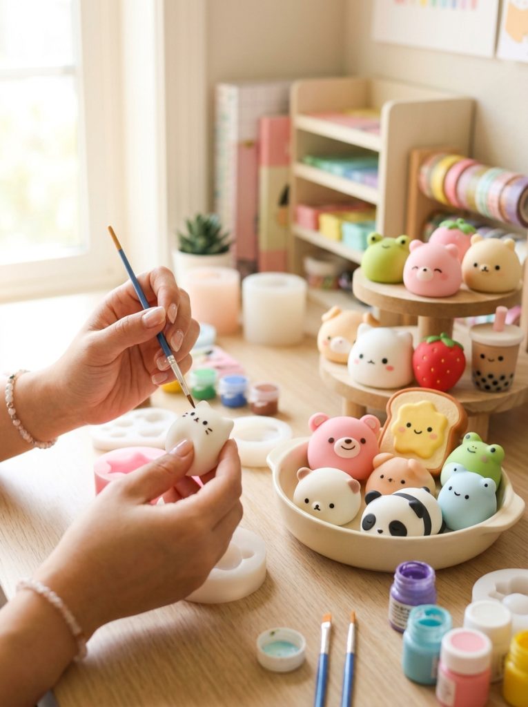 Adorable taba squishies DIY with small round animal faces food characters and simple kawaii expressions in characteristic taba style 