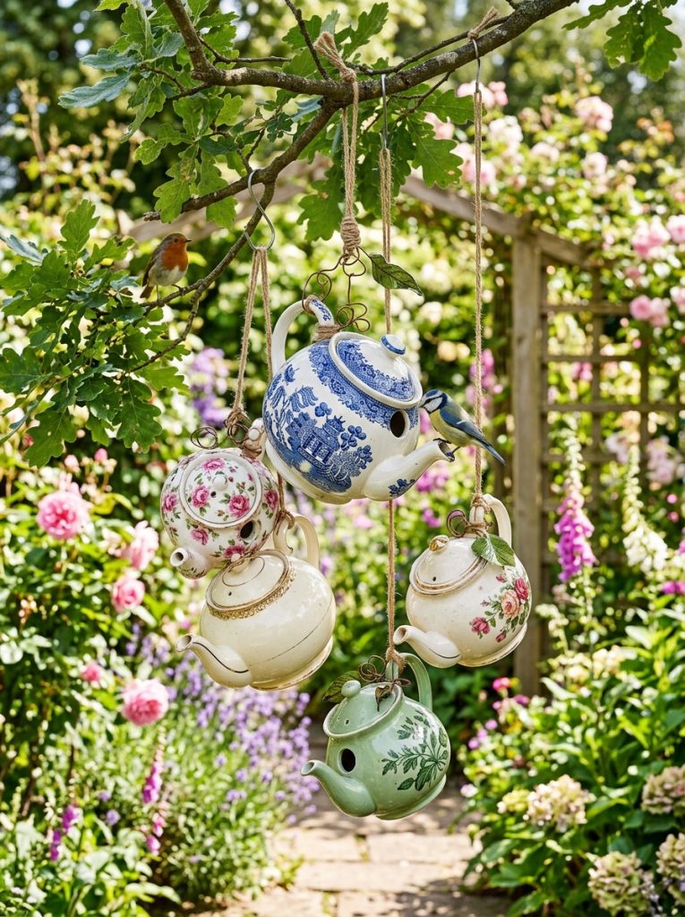 Creative repurposed teapot DIY birdhouses with old floral vintage teapots as hanging birdhouses spout as entry mounted at angle in garden.