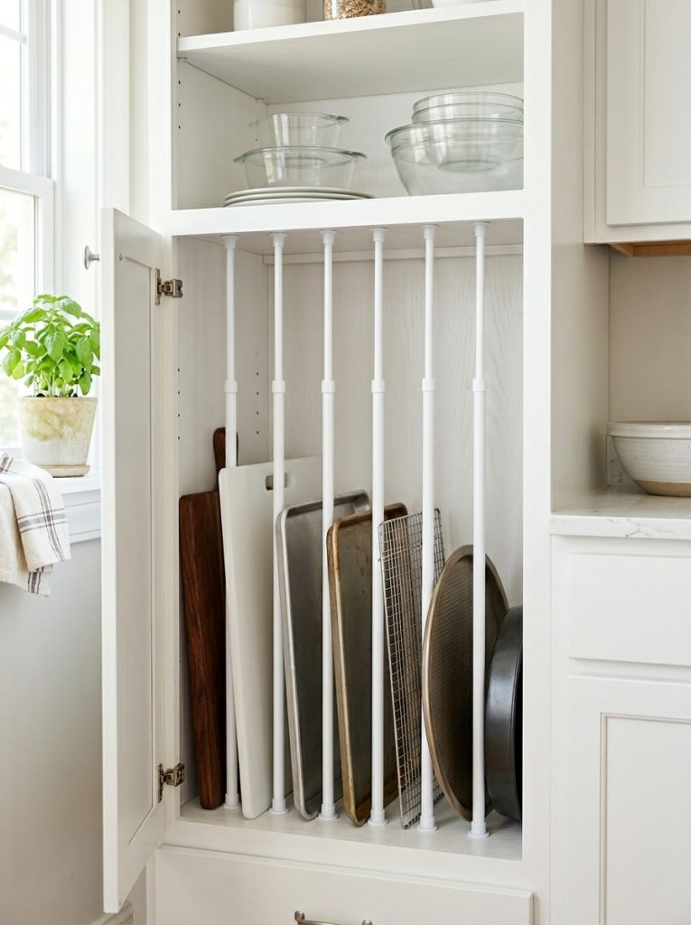 Tension rods inside kitchen corner cabinet creating dividers for baking sheets and cutting boards