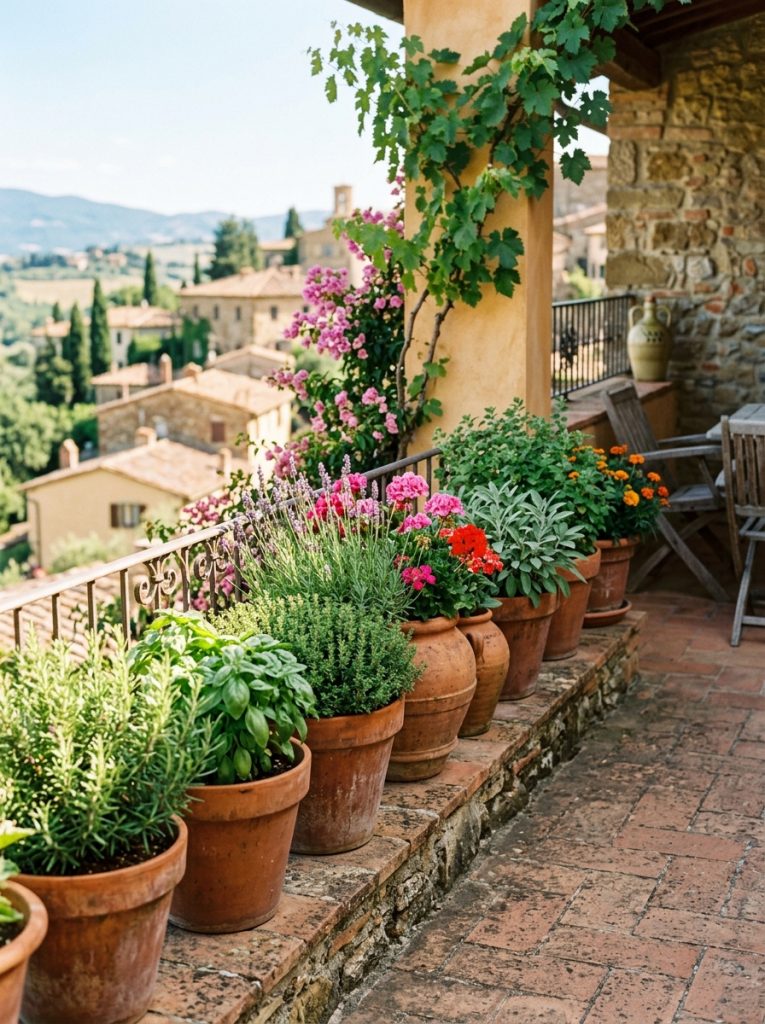 Several terracotta clay pots filled with herbs and flowering plants along edge of sunny Italian style patio