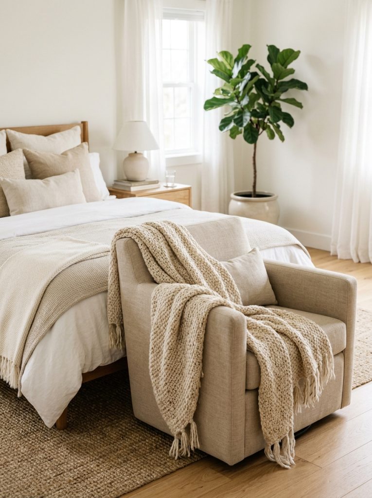 Beautiful neutral throw blanket in cream beige oatmeal draped over chair or bed foot creating cozy warm modern neutral bedroom 