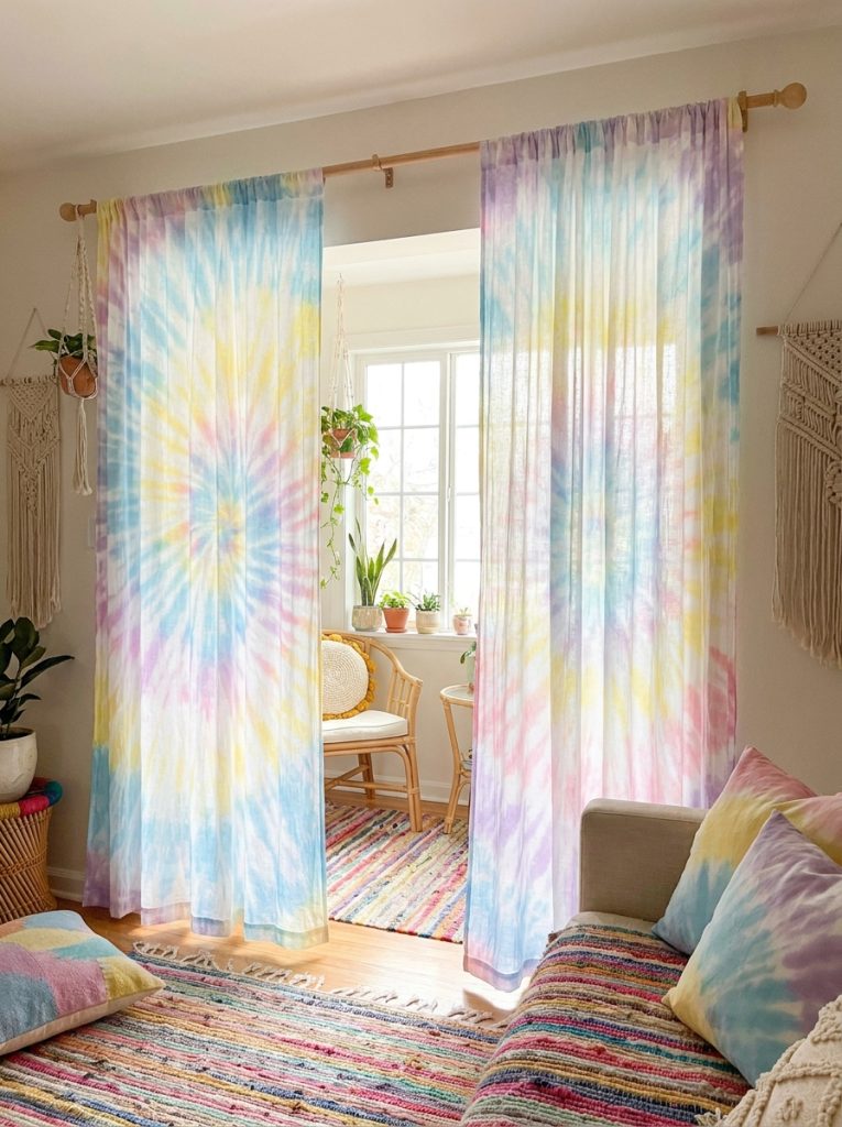 Beautiful tie dye curtain DIY room decor with white fabric transformed into soft coordinating color patterns as bohemian window treatment