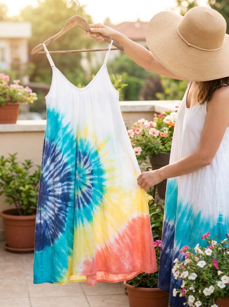 Beautiful tie dye dress DIY pattern result with white summer dress transformed into stunning colorful patterned dress