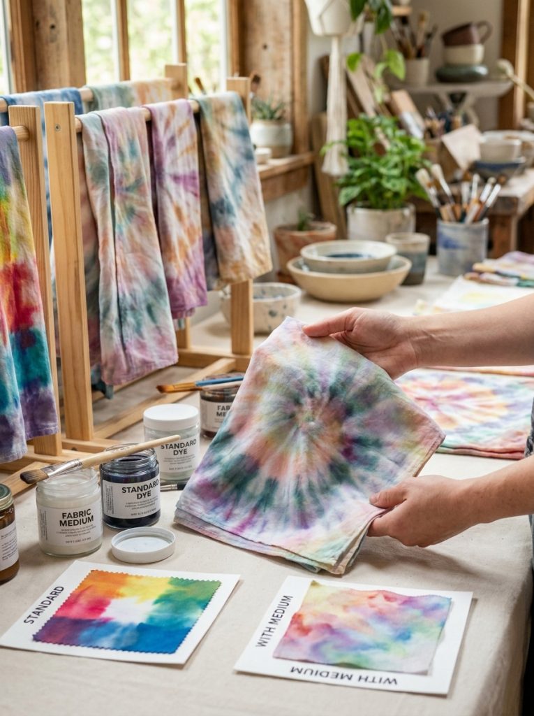 Beautiful tie dye fabric medium patterns with various fabric pieces showing soft blended color results on different fabric types
