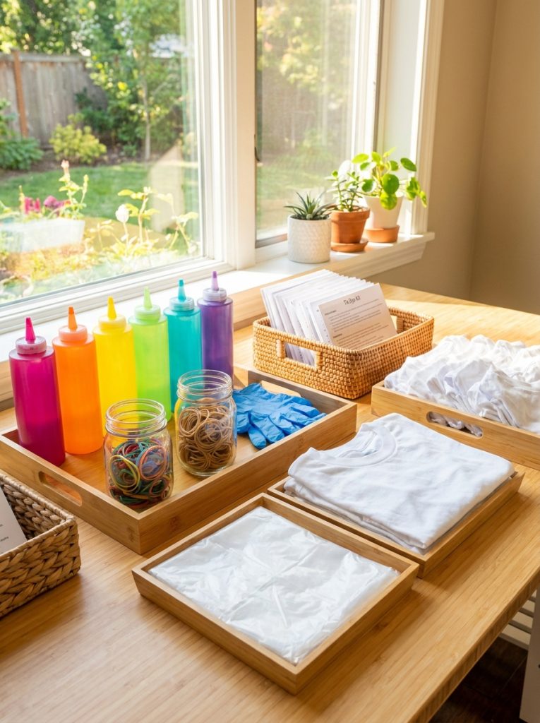 Complete tie dye kit with multiple dye colors squeeze bottles rubber bands gloves and white fabric organized on craft table Pin