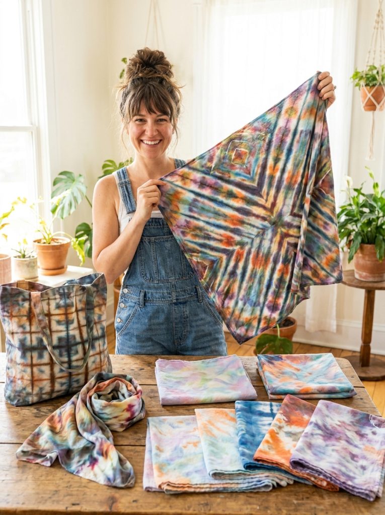 Beautiful unique creative tie dye patterns with diamond V-fold grid and experimental techniques producing genuinely one-of-a-kind results