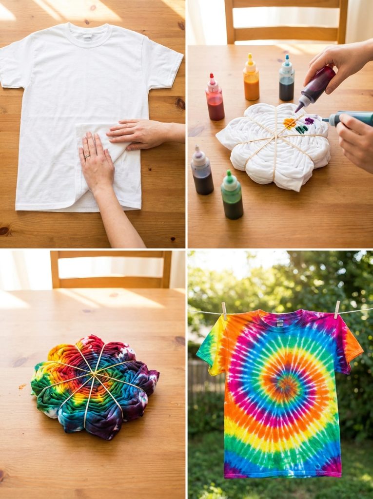 Easy step by step tie dye pattern tutorial showing complete process from white fabric through folding binding dyeing to revealed pattern
