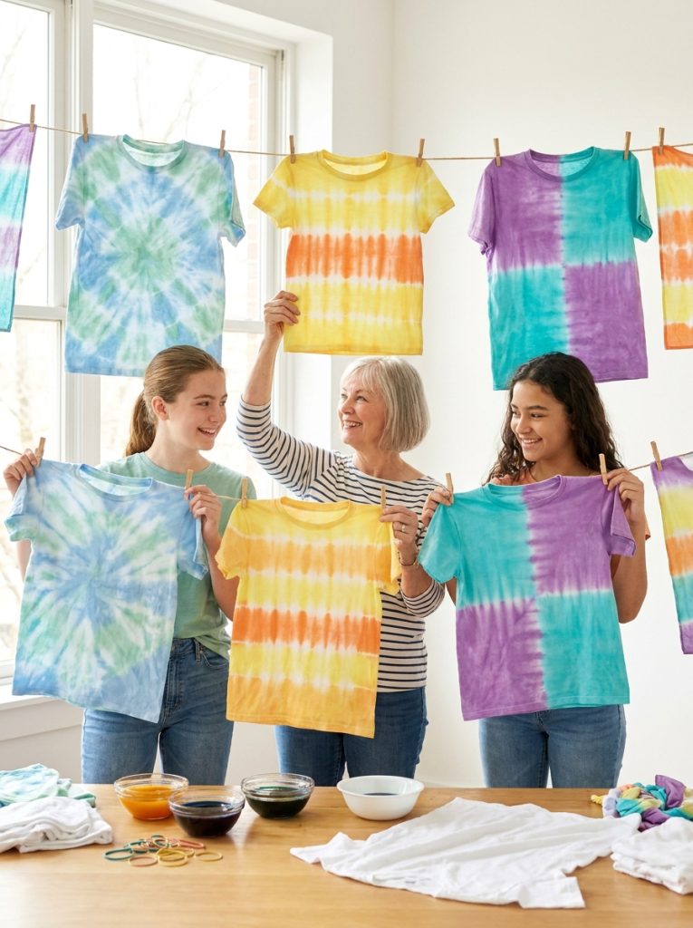 Beautiful simple tie dye patterns made by beginners with basic crumple band and color blocking designs on first attempts