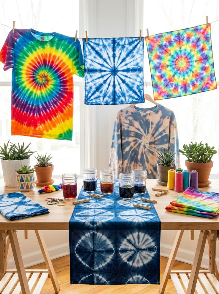 Beautiful easy DIY tie dye patterns display with spiral shirt star pattern kaleidoscope bleach shibori and colorful designs on craft table