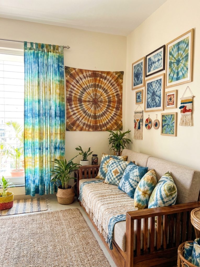 eautiful tie dye room decor DIY with curtains pillow covers wall hanging and fabric art creating cohesive bohemian room collection