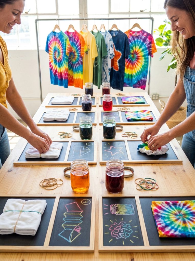 Beautiful tie dye techniques tutorial display with step by step visual guide for spiral star accordion and crumple folding techniques