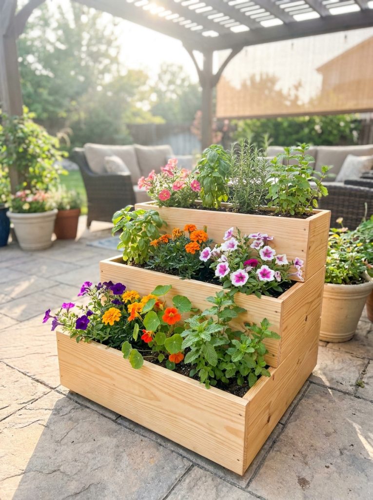  DIY tiered wooden planter box with three staggered levels filled with colorful flowers and herbs