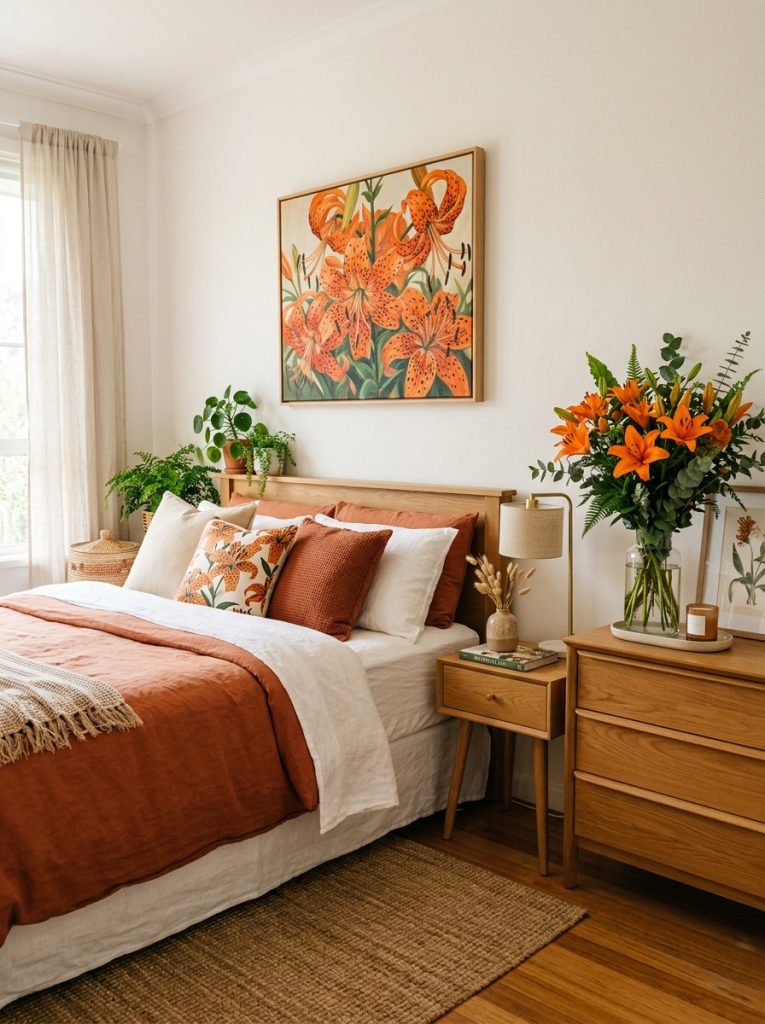 Beautiful tiger lilies aesthetic bedroom with painting wall bouquet dresser terracotta white bedding wooden nightstand lamp