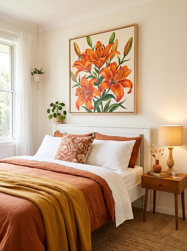 Beautiful bedroom with tiger lilies painting above white bed terracotta white bedding and wooden bedside lamp