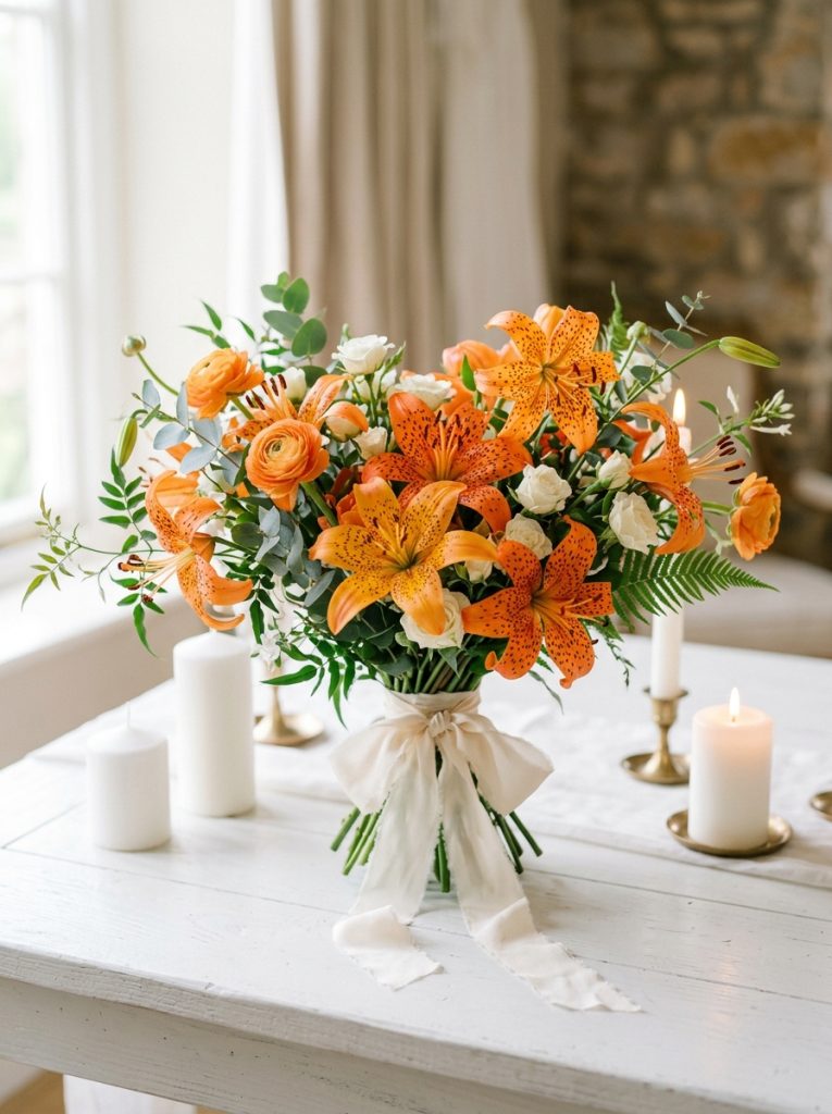 Beautiful tiger lilies wedding bouquet white surface ribbon minimal candles soft natural lighting bold cheerful bridal display