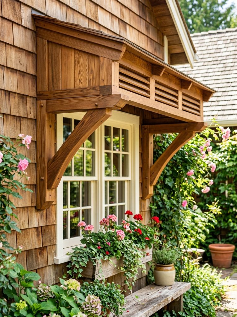 Beautiful timber wood window awning DIY with richly grained louvred or solid panel and timber brackets above home window exterior