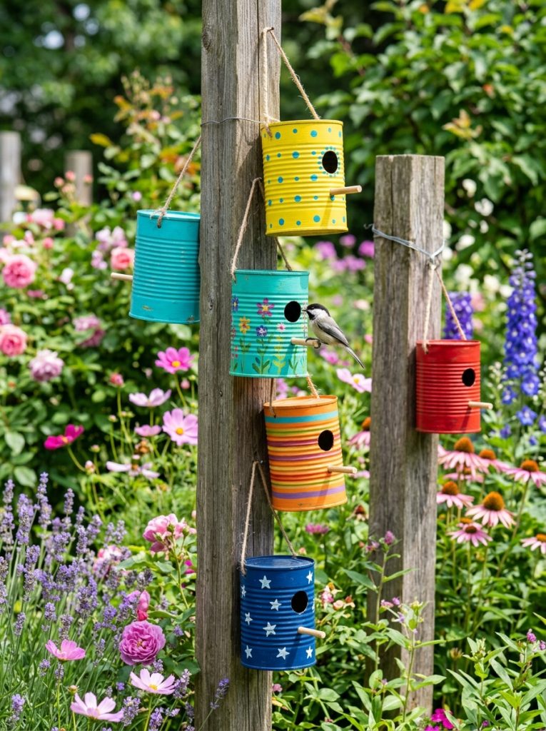 Charming tin can recycled DIY birdhouses painted bright colors with entry holes and perch dowels mounted on posts in garden.